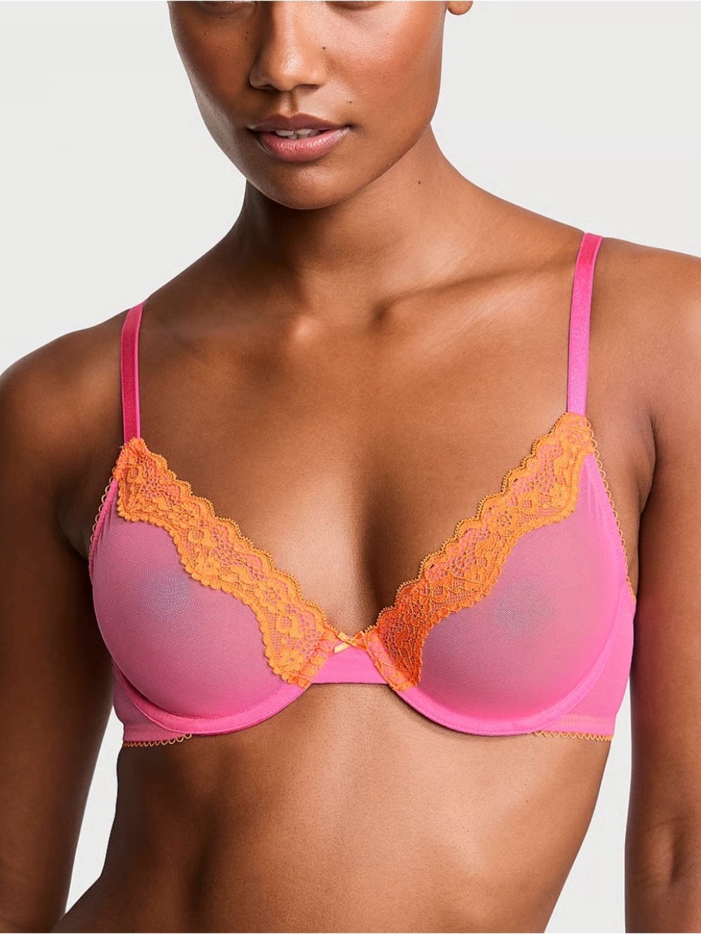 Victoria's Secret Tease Lace-Trim Unlined Demi Bra ("Hollywood Pink" 🩷🧡)